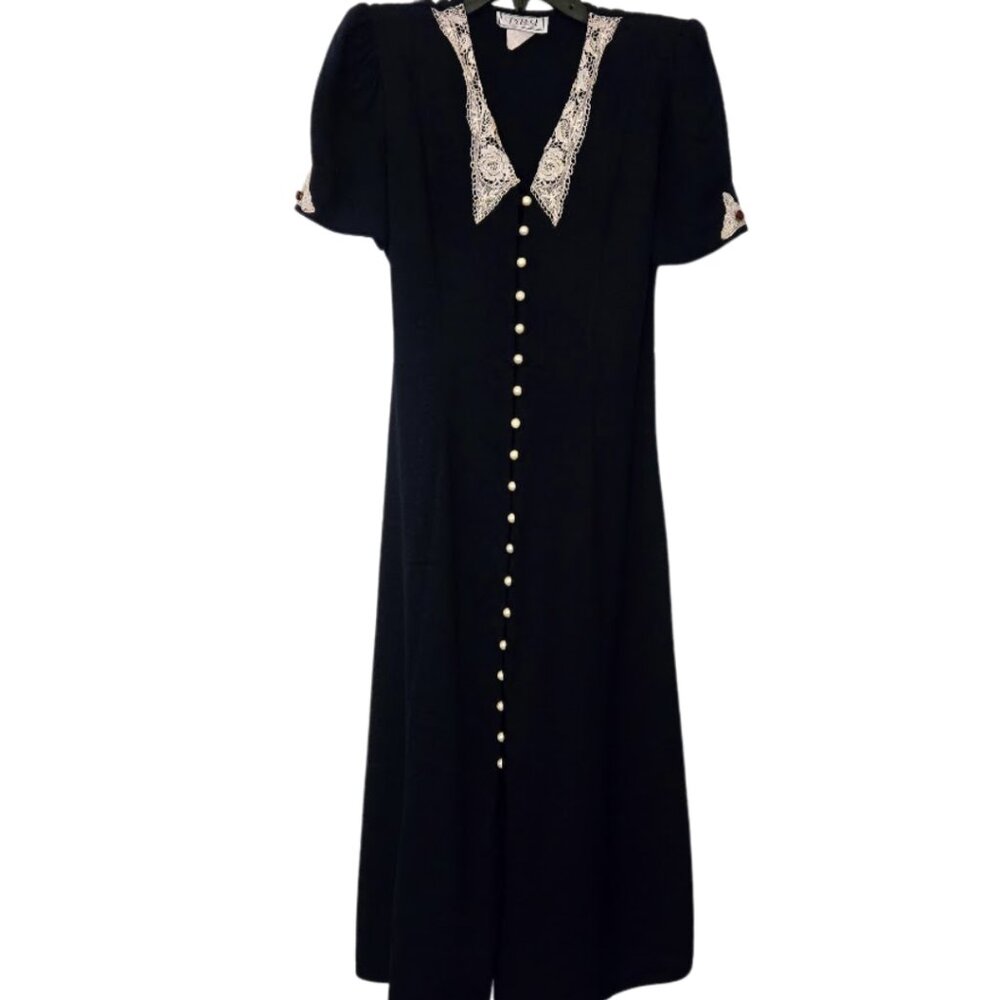 Vintage DBY navy‎ midi dress with lace collar Size 9